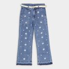 Girls' Stonewashed Blue Flared Fit Embroidered Jeans, Mid Blue, small