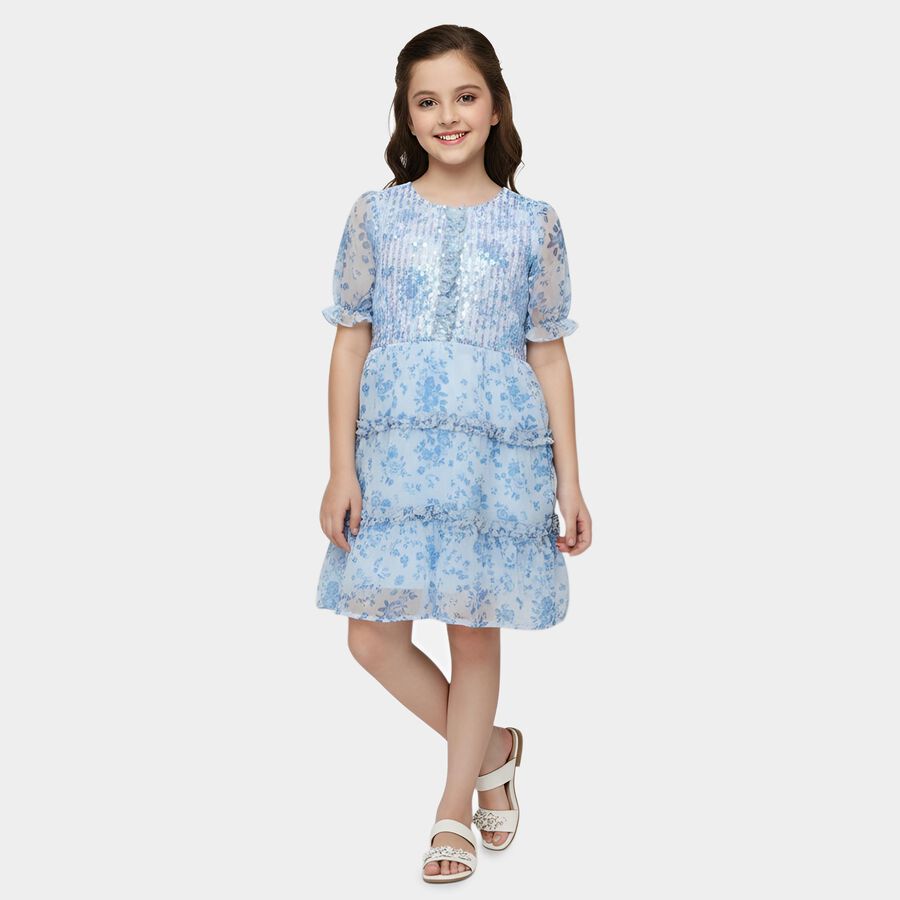 Girls' Blue Round Neck Sleeveless Tiered Dress, Mid Blue, large