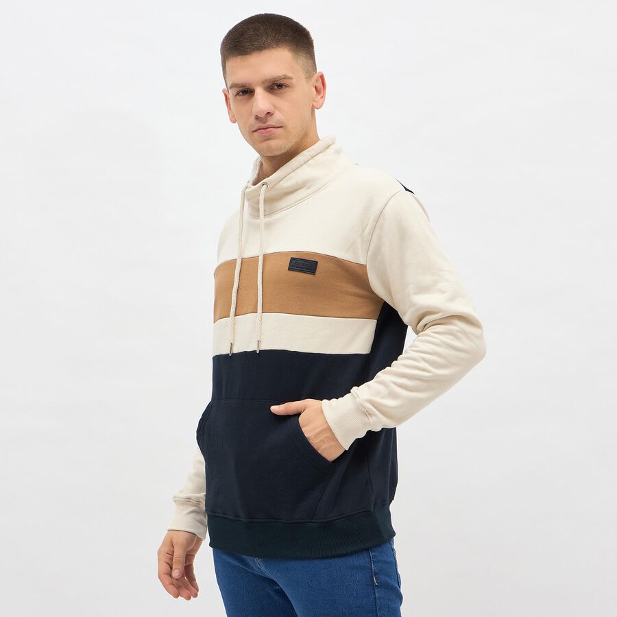 Men's Navy and Beige High Neck Casual Sweatshirt, Navy Blue, large image number null