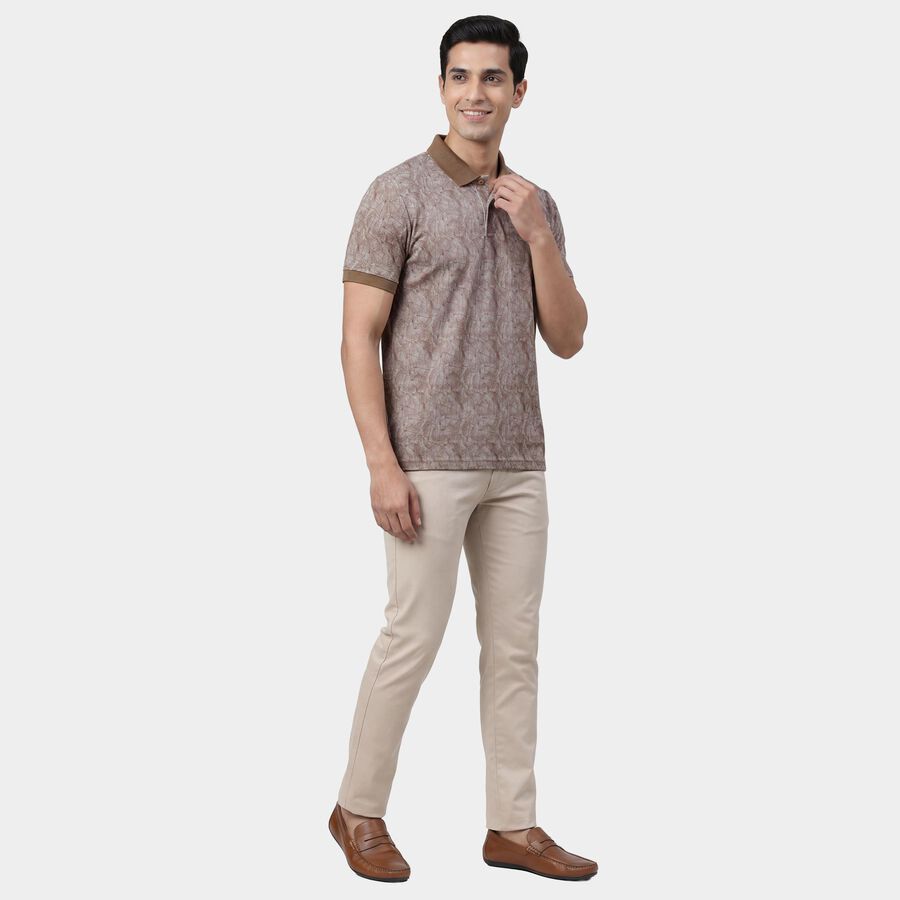 Men's Beige Cotton Polo Neck Classic T-Shirt, Beige, large