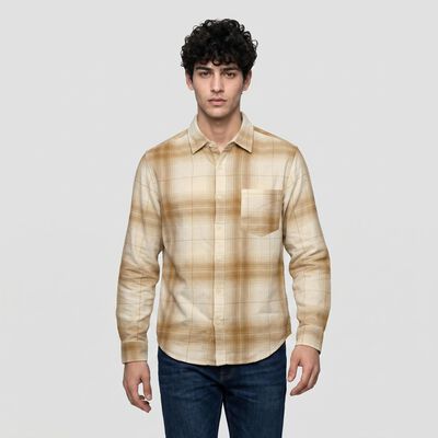 Men's Beige Cotton Long Sleeves Collar Casual Shirt