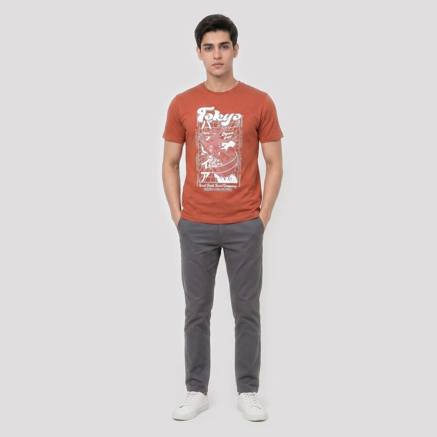 Men's Rust Round Neck Graphic Print Regular T-Shirt, Rust, large