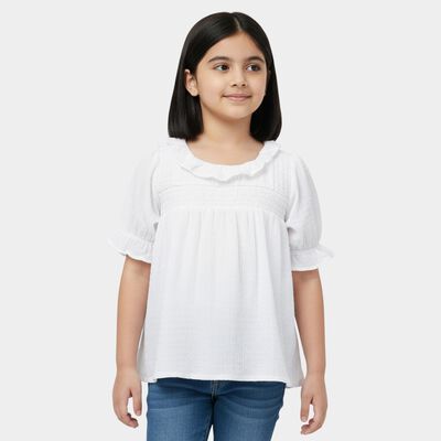 Girls Off-White Round Neck Casual T-Shirt