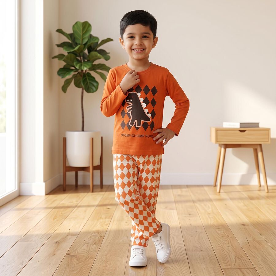 Boys Brown 100% Cotton Round Neck Graphic Print Baba Suit, Brown, large
