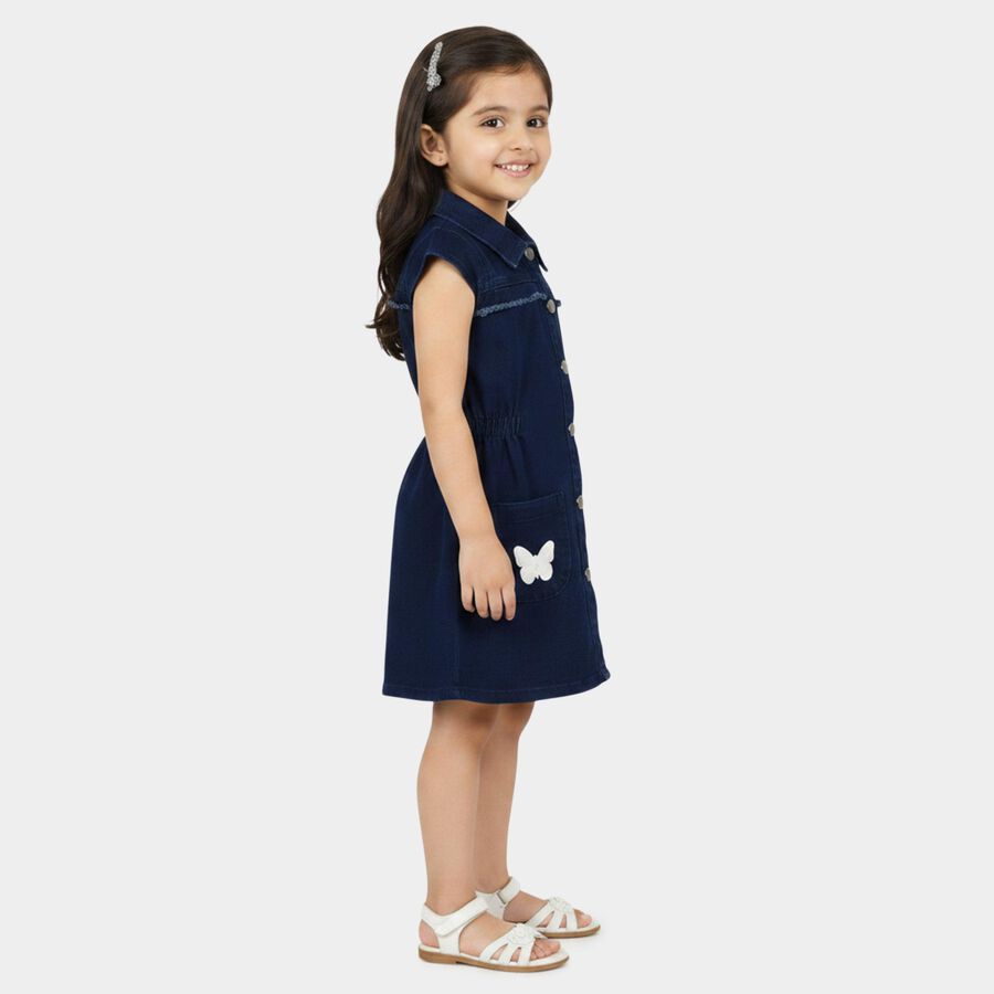 Girls' Navy Blue A-Line Butterfly Applique Button-Front Frock, Dark Blue, large