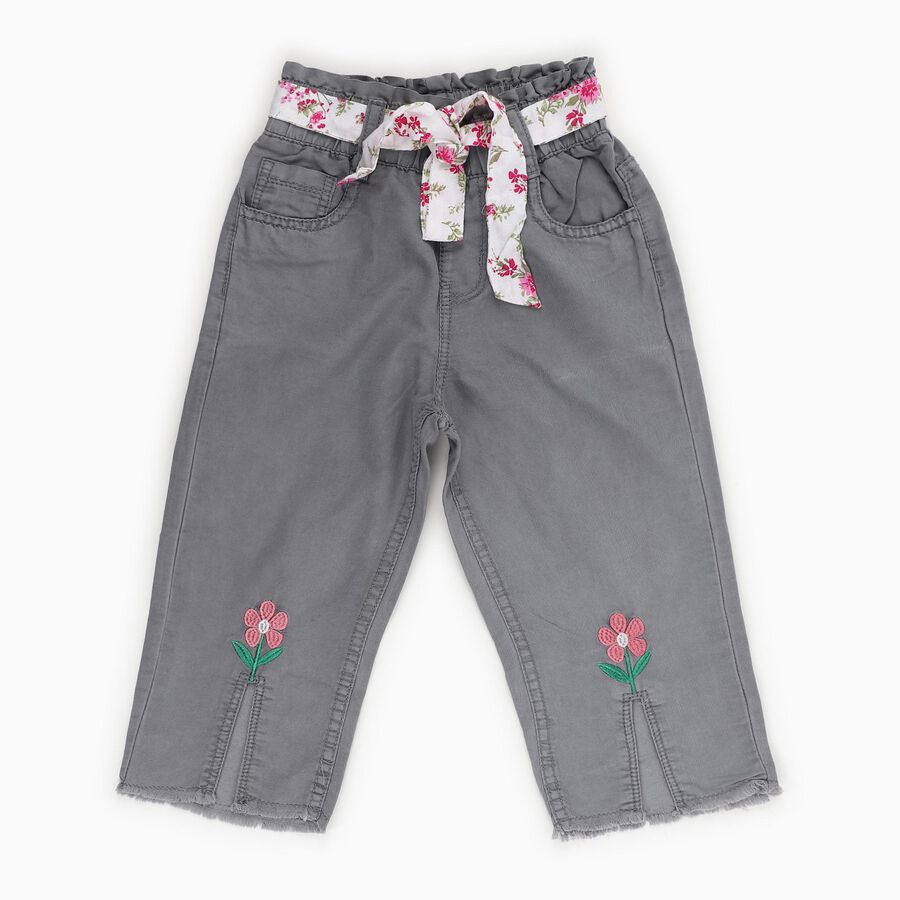 Girls' Muted Grey Relaxed Fit Embroidered Cropped Jeans, हल्का ग्रे, large image number null
