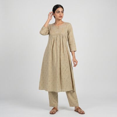 Women's Beige Cotton Notch Neck Embroidered Kurta