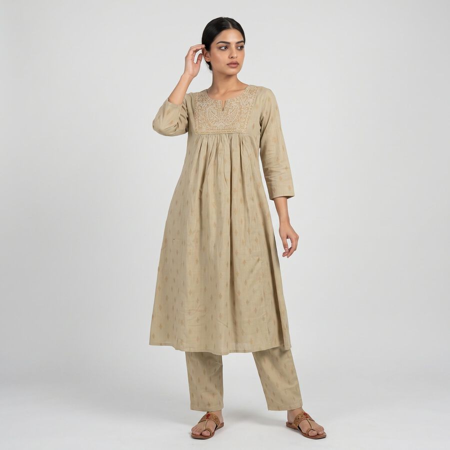 Women's Beige Cotton Notch Neck Embroidered Kurta, Beige, large