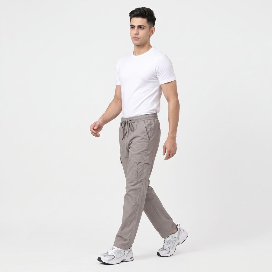 Men's Grey Slim Fit Drawstring Cargo Trousers, हल्का ग्रे, large