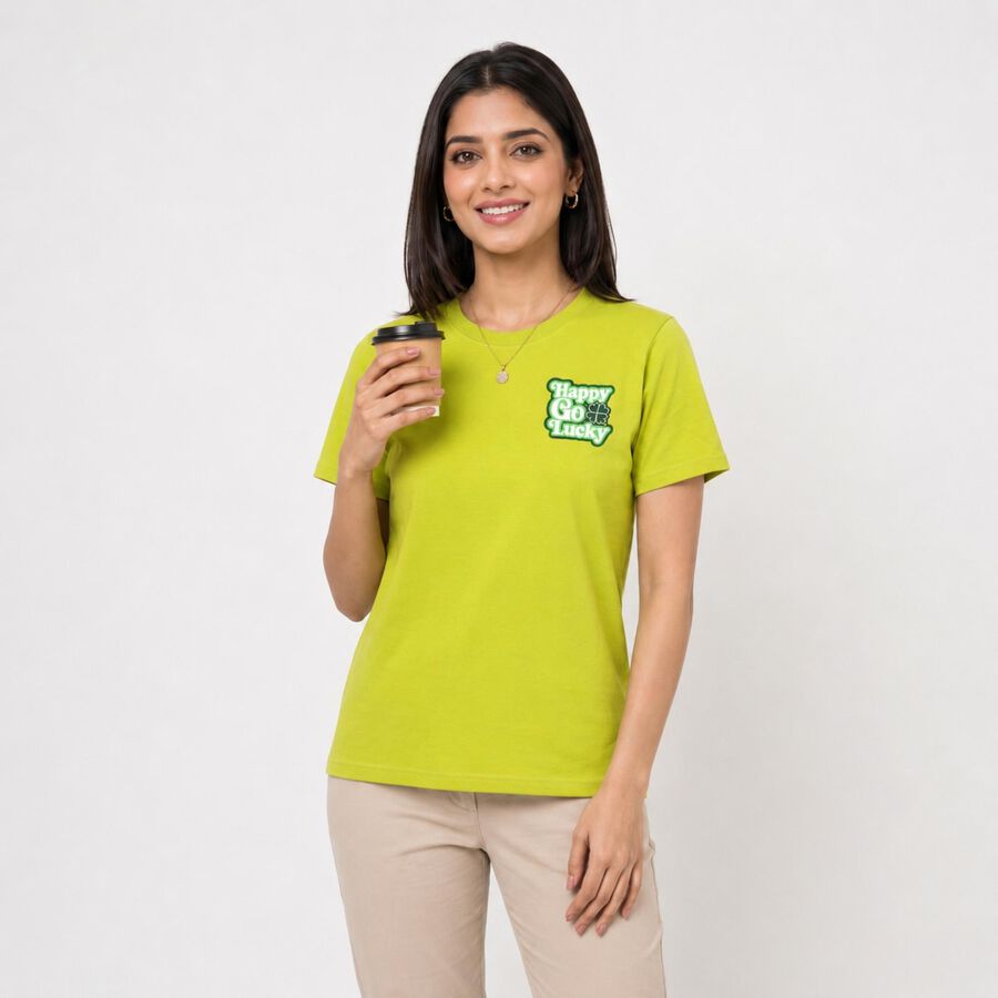 Women's Green Round Neck Regular T-Shirt, Neon Green, large