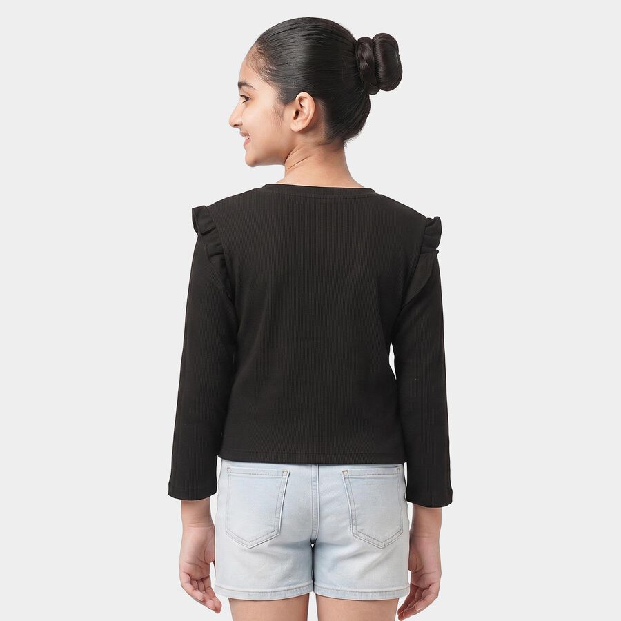 Girls Black Round Neck Regular Top, काला, large