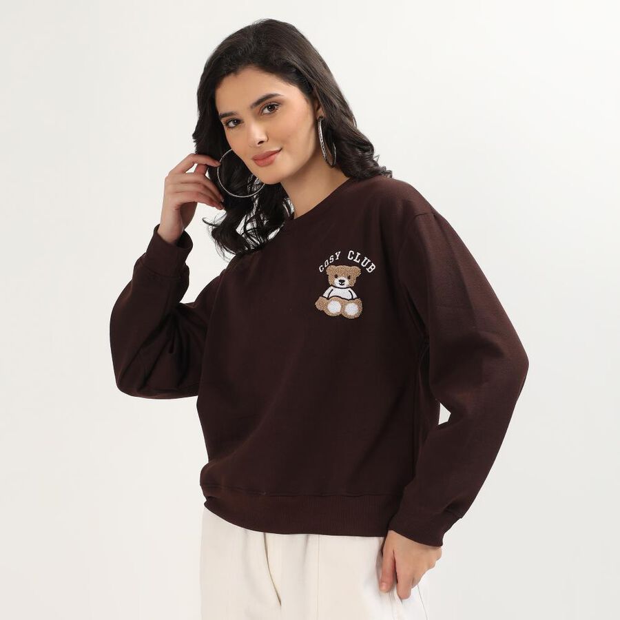 Women's Dark Chocolate Brown Crew Neck Casual Sweatshirt, भूरा, large image number null