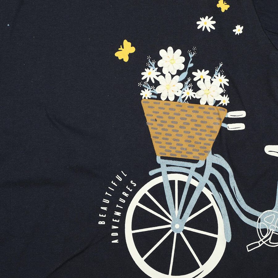 Girls Navy Blue Cotton Round Neck Casual Printed T-Shirt, Navy Blue, large