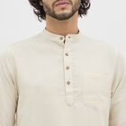 Men's Light Beige Mandarin Collar Self Design Kurta, Beige, small