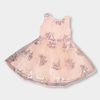 Girls' Soft Peach Sleeveless Butterfly Embellished Flared Frock