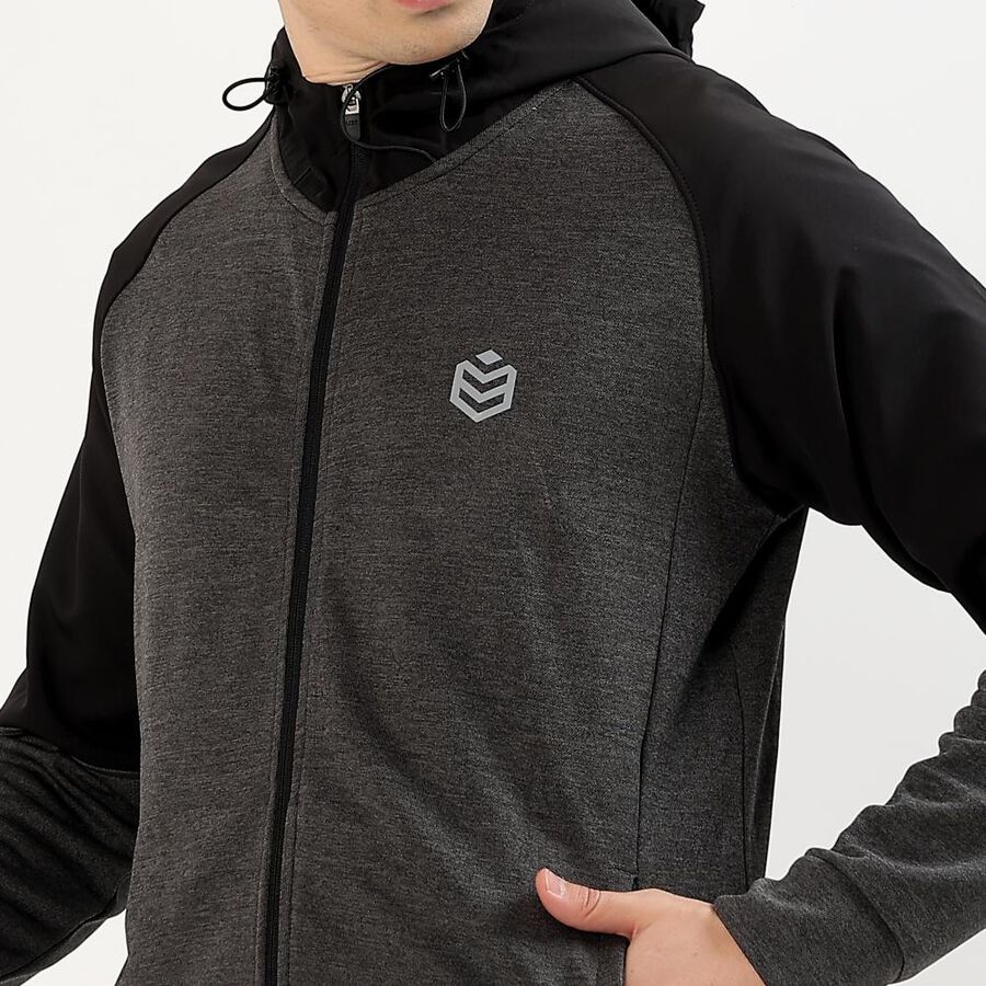 Men's Dark Charcoal Grey and Black Hooded Neck Athletic Fit Sweatshirt, मिश्रित मध्यम ग्रे, large image number null
