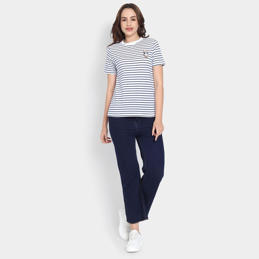 Ladies'  Stripes Round Neck T-Shirt, White, large image number null