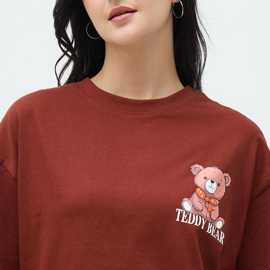 Women's Deep Rust Brown Cotton Round Neck Casual T-Shirt, Rust, large