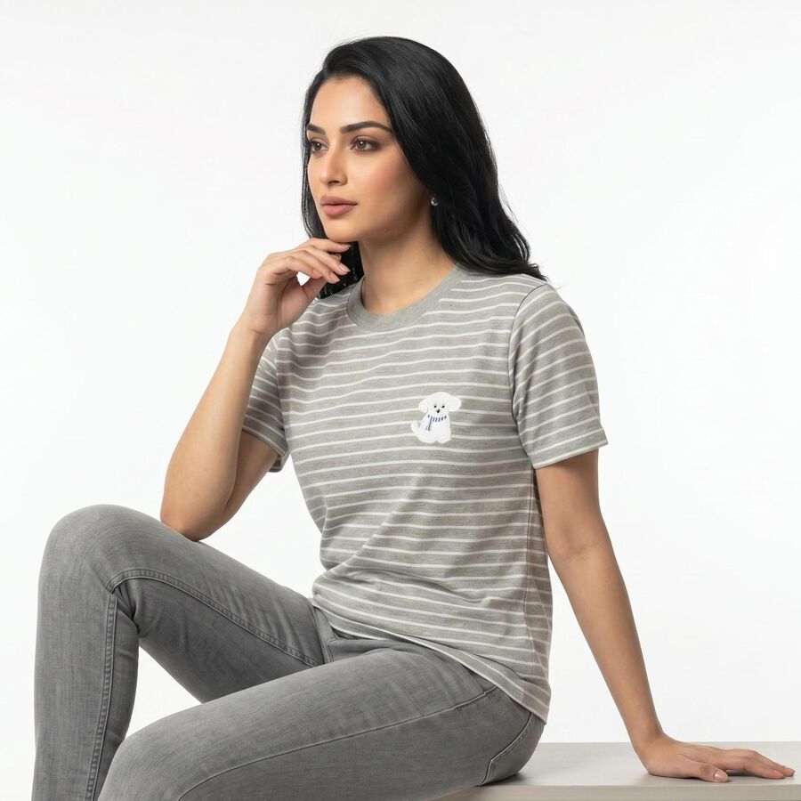 Women's Grey Round Neck Regular T-Shirt, Melange Light Grey, large