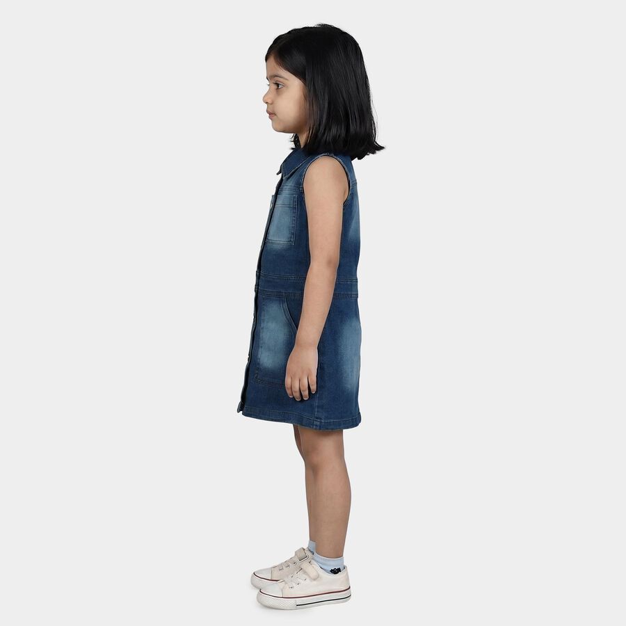 Girls' Blue Sleeveless Shirt Style Button Front Frock, मध्यम नीला, large