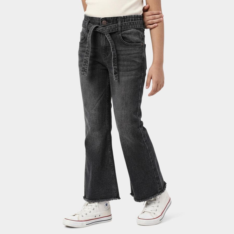 Girls' Black Flared Fit Tie-Up Jeans, Black, large
