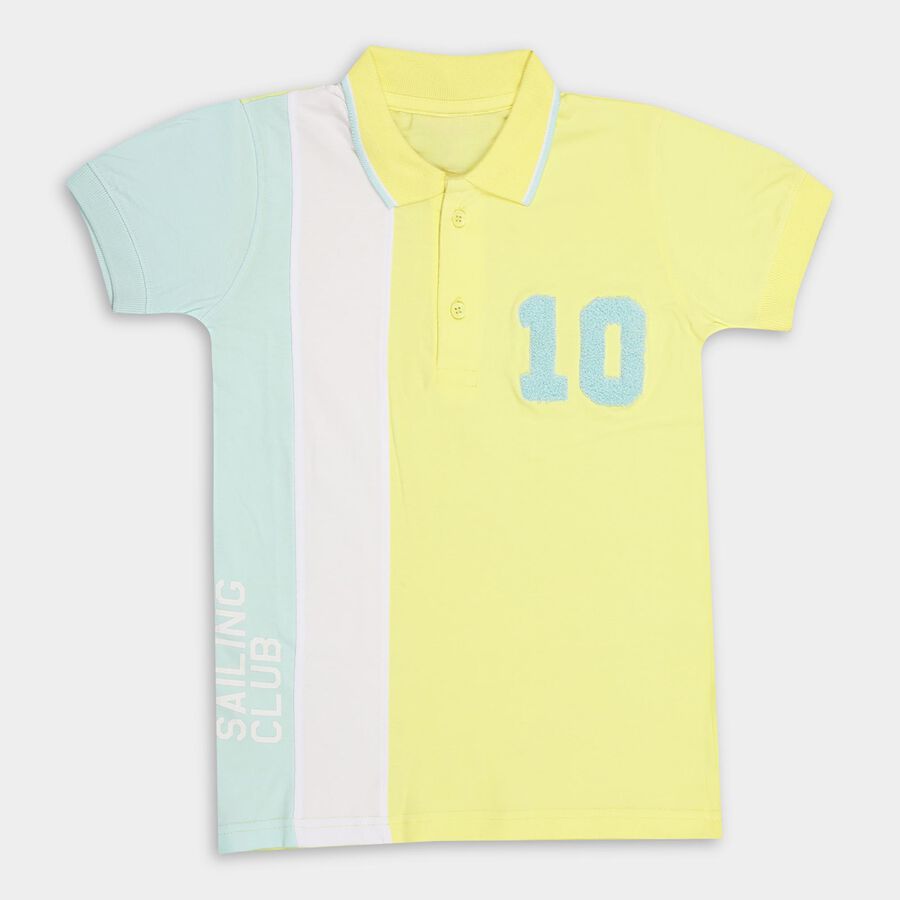 Boys' Bright Yellow Cotton Polo Neck Casual T-Shirt, Yellow, large image number null