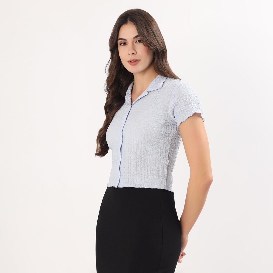 Women's Light Blue Mandarin Collar Classic Shirt, Light Blue, large