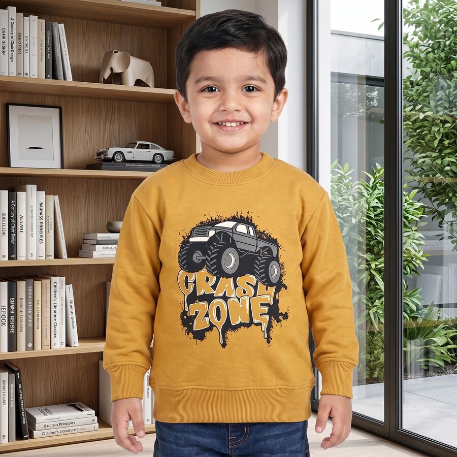 Boys' Yellow Round Neck Pullover Sweatshirt, पीला, large