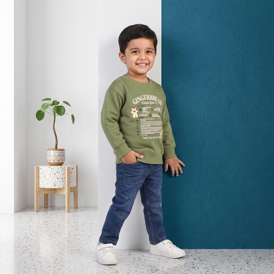 Boys' Olive Green Crew Neck Graphic Print Sweatshirt, Olive, large