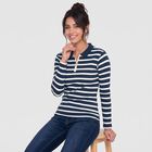 Women's Navy Blue Polo Neck Striped Regular Top, Navy Blue, small