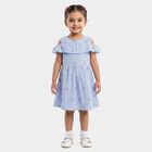 Girls' Light Blue Fit and Flare Striped Floral Print Frock, Light Blue, small