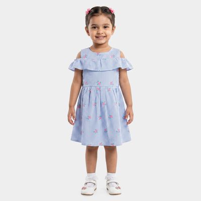 Girls' Light Blue Fit and Flare Striped Floral Print Frock