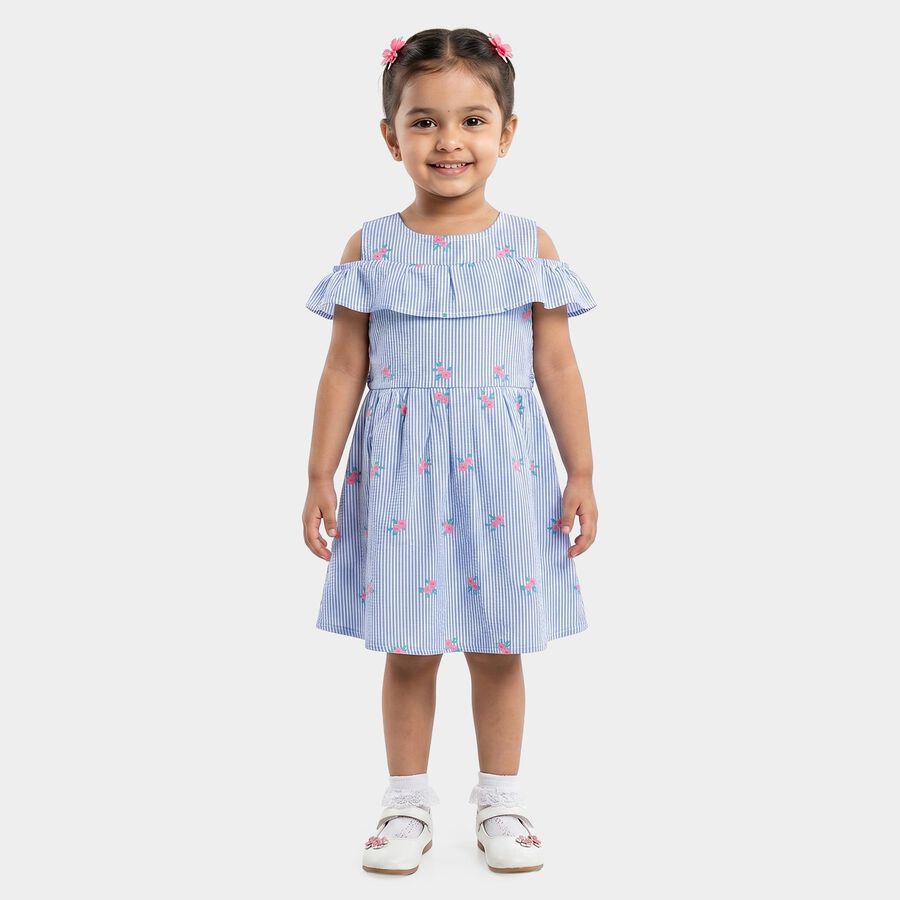 Girls' Light Blue Fit and Flare Striped Floral Print Frock, Light Blue, large