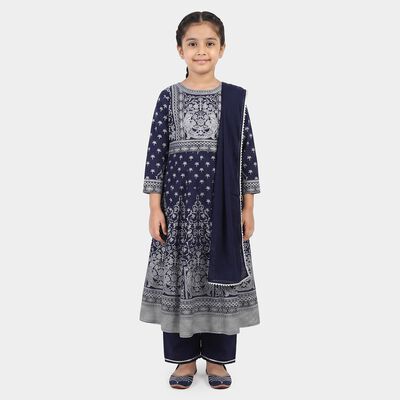 Girls Navy Blue Round Neck Fusion Set Upper and Bottom Set