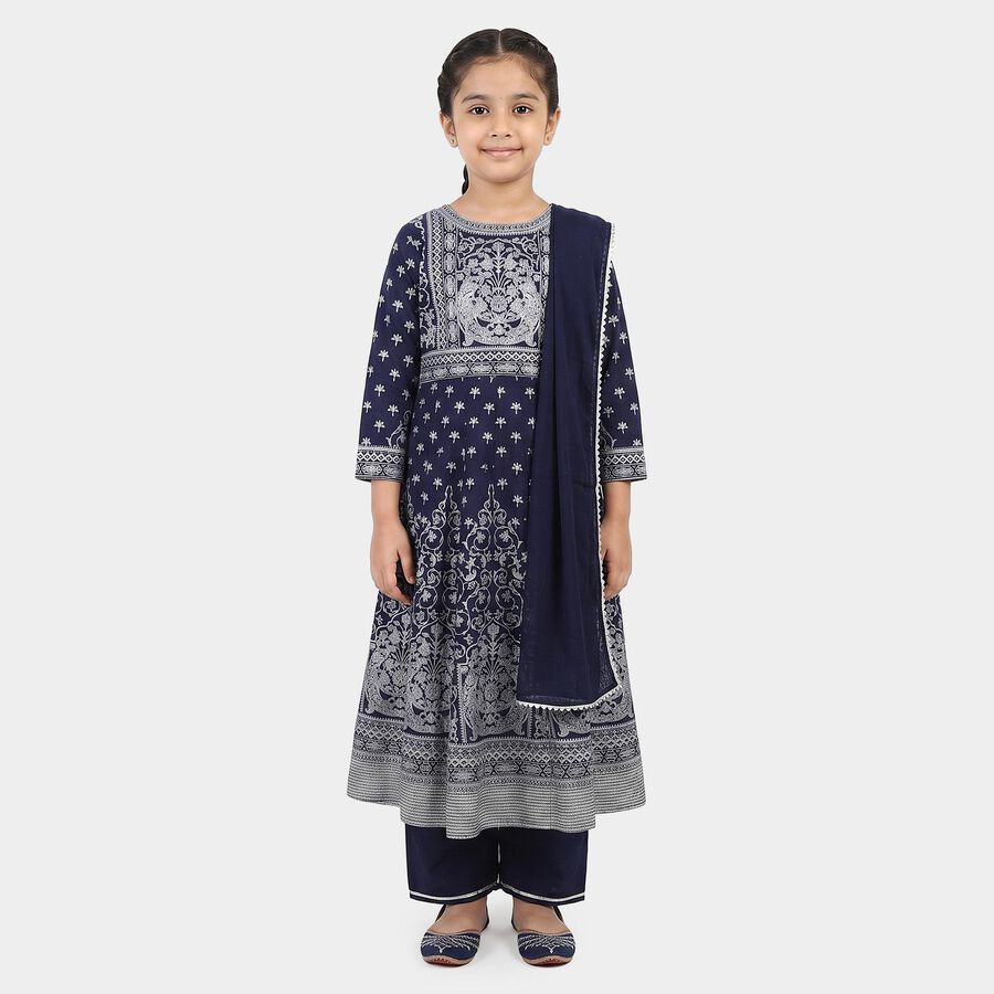 Girls Navy Blue Round Neck Fusion Set Upper and Bottom Set, Navy Blue, large