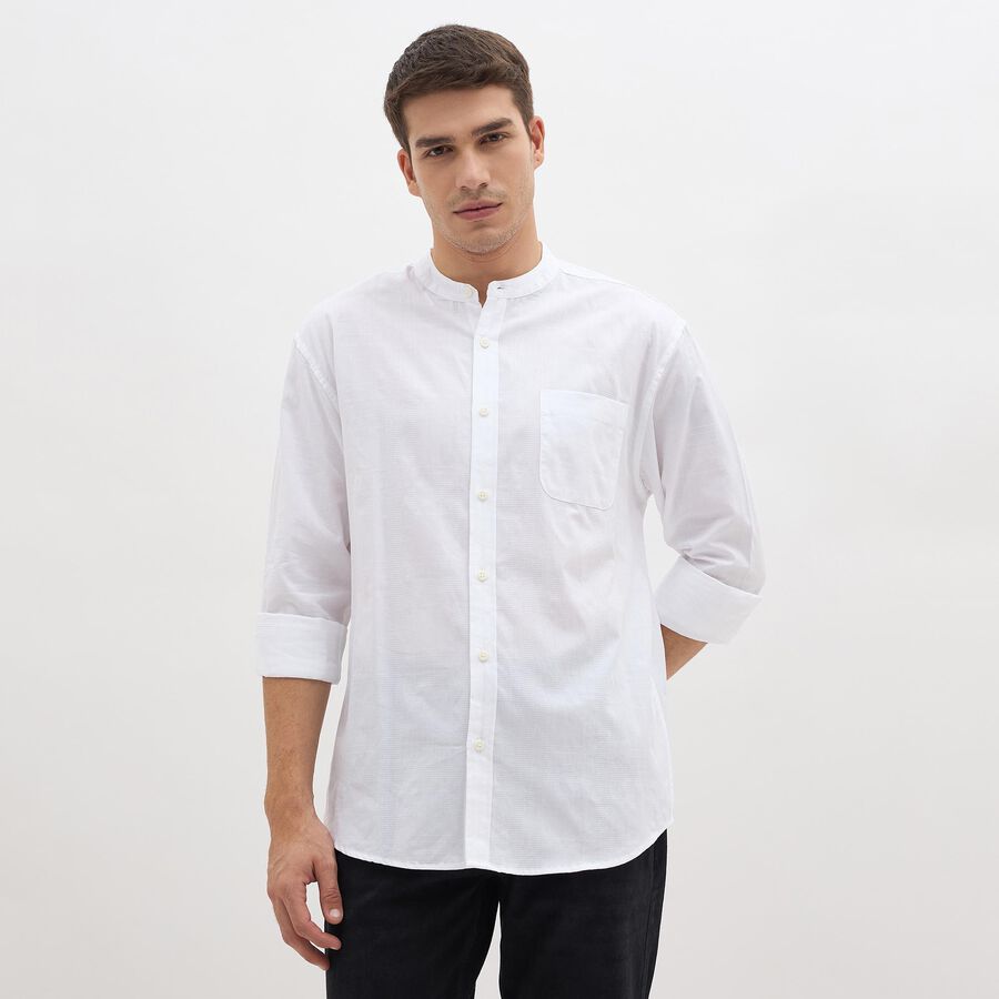 Men's Snow White Cotton Mandarin Collar Casual Shirt, सफ़ेद, large image number null