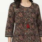 Women's Brown Cotton Round Neck Floral Printed Straight Kurta, Brown, small