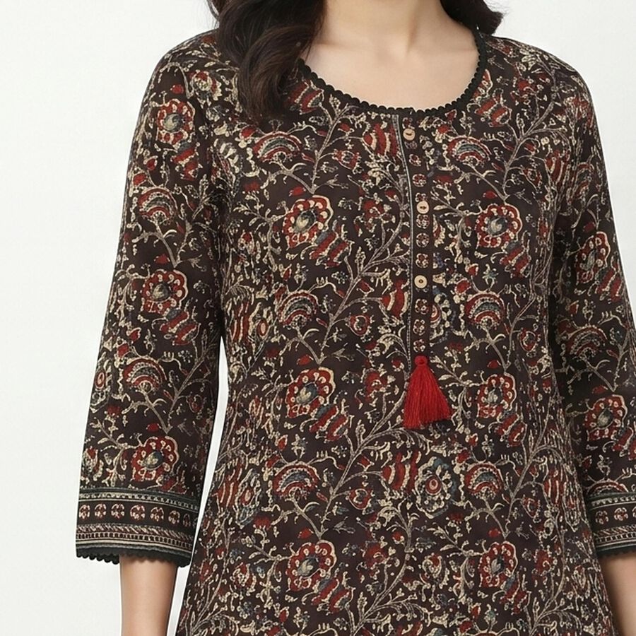 Women's Brown Cotton Round Neck Floral Printed Straight Kurta, Brown, large