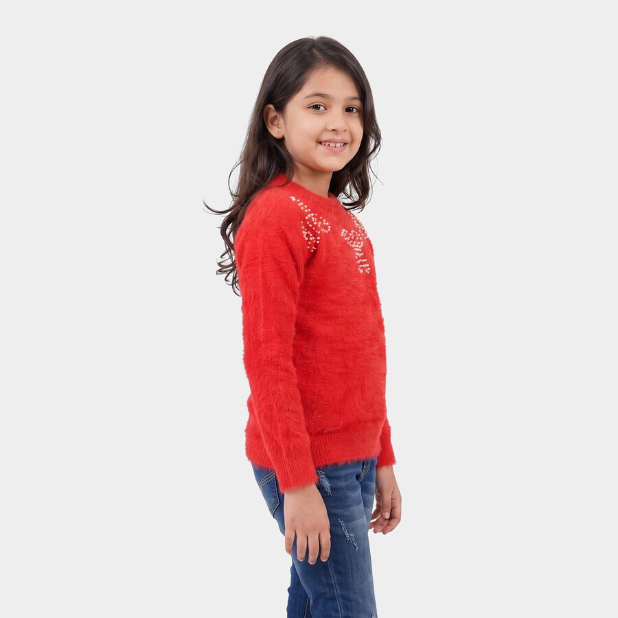Girls' Red Crew Neck Embellished Pullover, Red, large