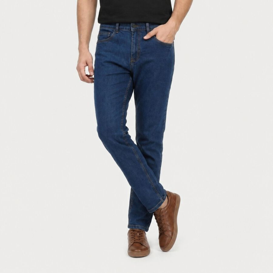 Men's Blue Slim Fit Washed Jeans, मध्यम नीला, large