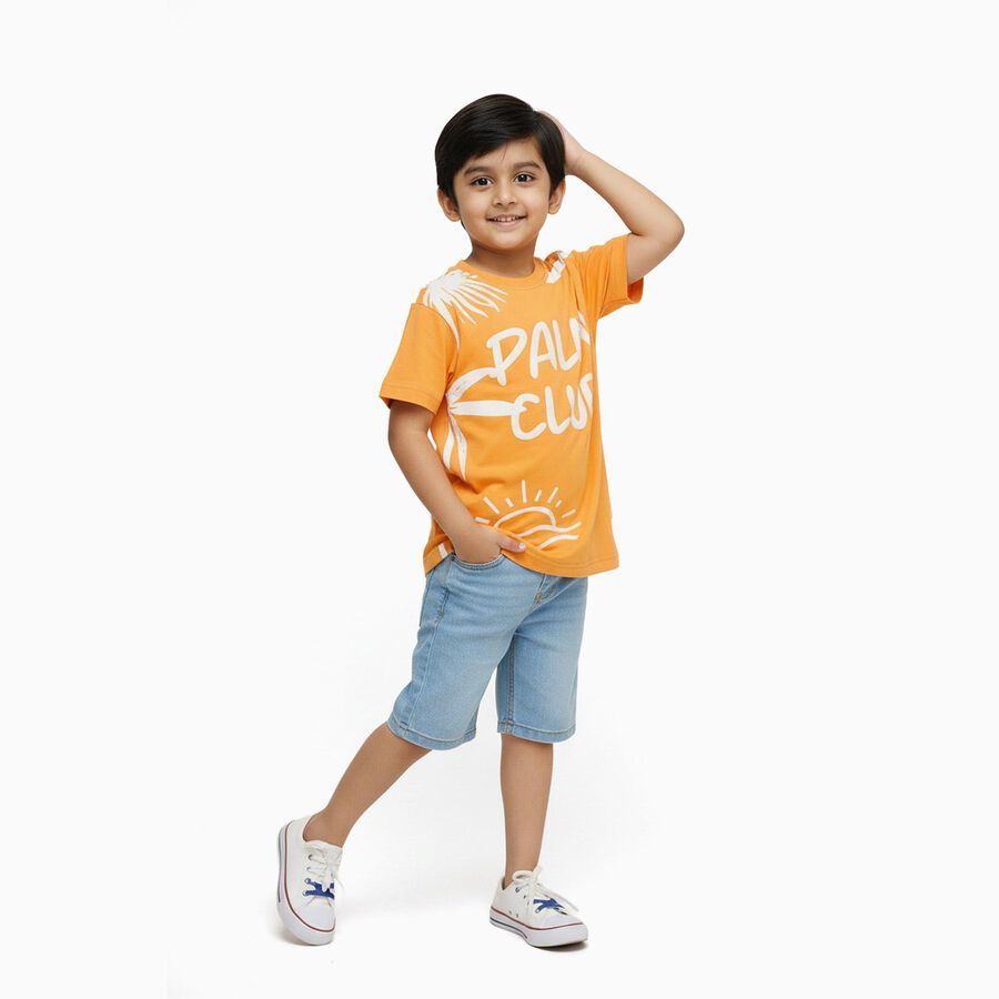 Boys Bright Orange Cotton Round Neck Casual T-Shirt, Orange, large image number null