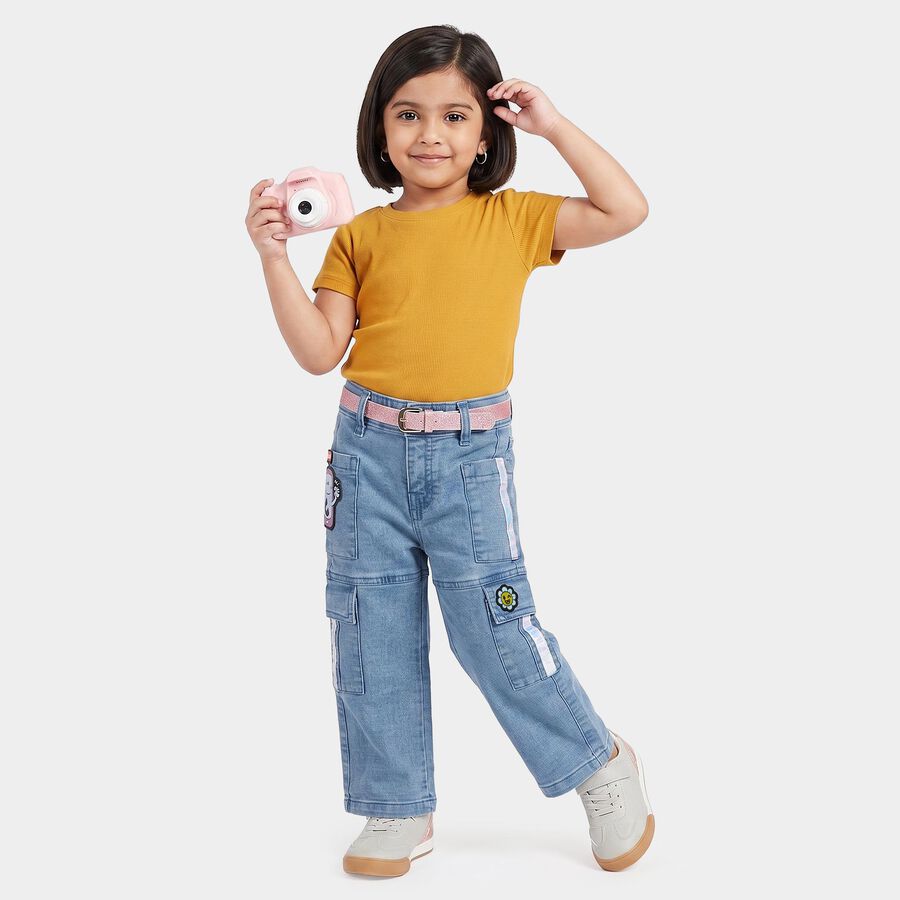 Girls' Light Blue Cargo Fit Patch Detail Jeans, हल्का नीला, large
