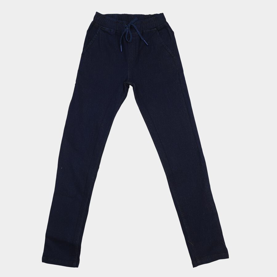 Boys Navy Blue Slim Fit Drawstring Waist Jeans, मध्यम नीला, large