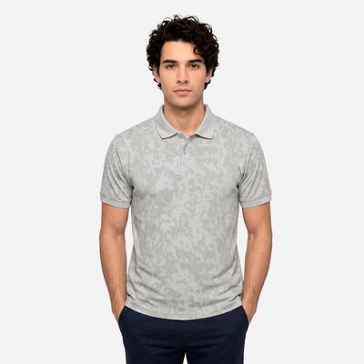 Men's Grey Cotton Polo Neck Abstract Printed T-Shirt