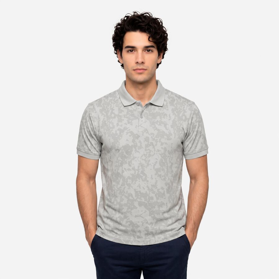 Men's Grey Cotton Polo Neck Abstract Printed T-Shirt, हल्का ग्रे, large
