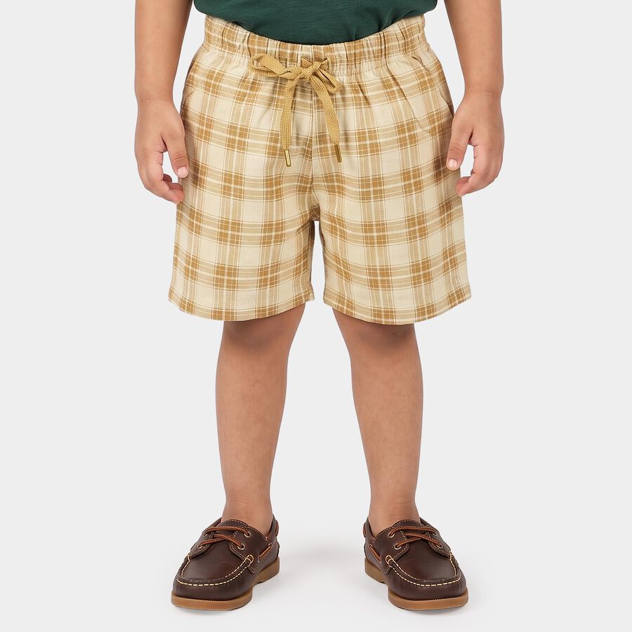 Boys Beige Relaxed Fit Checked Bermuda Shorts, गहरा पीला, large