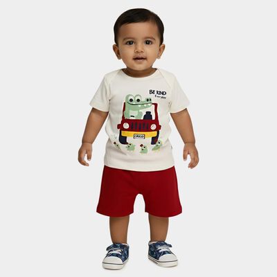 Infants' Red 100% Cotton Round Neck Printed Baba Suit
