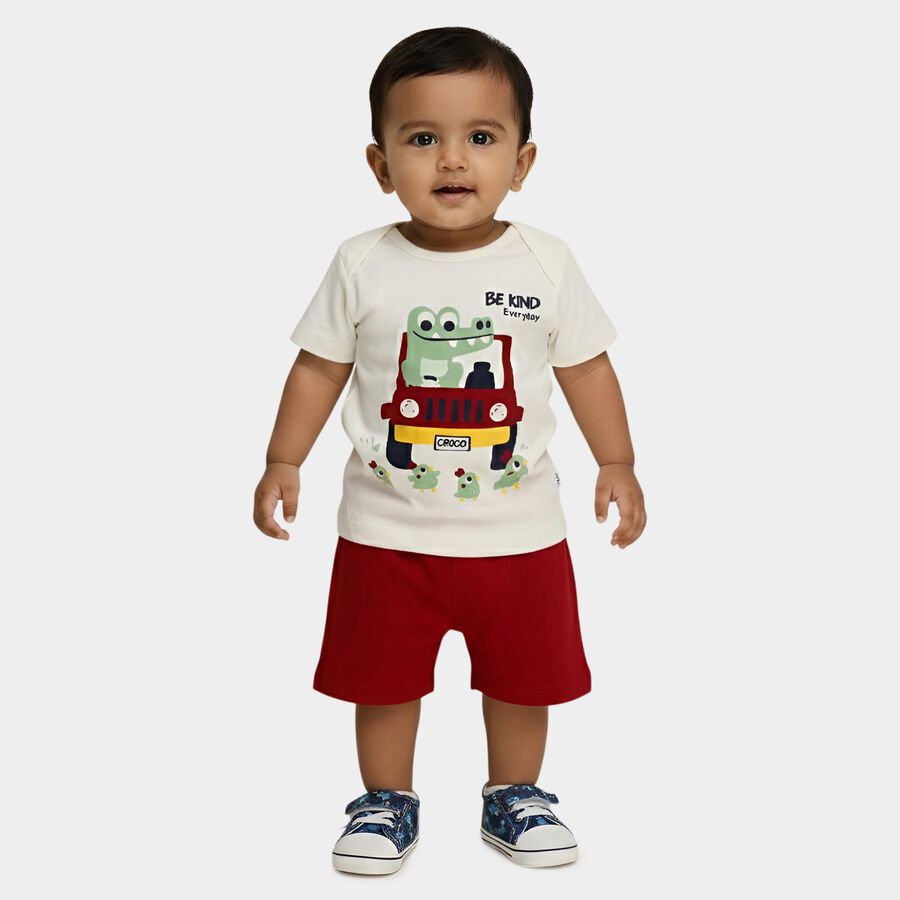 Infants' Red 100% Cotton Round Neck Printed Baba Suit, Red, large