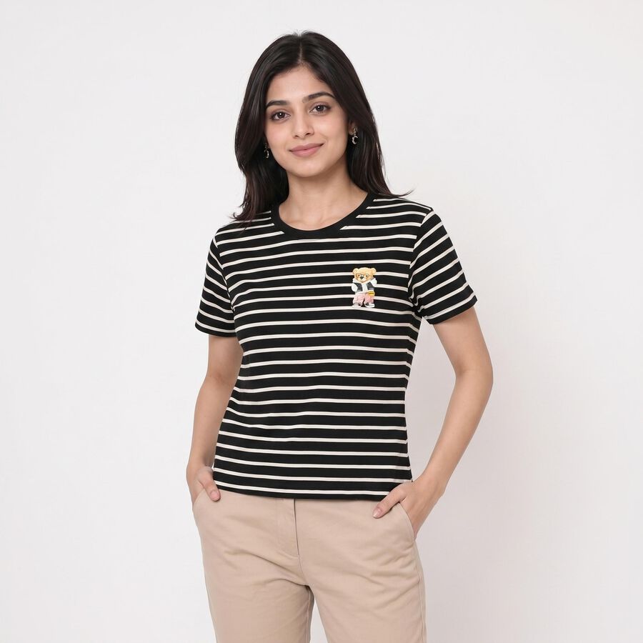 Women Black Round Neck Regular T-Shirt, काला, large