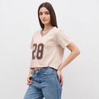 Women's Light Beige Cotton V-Neck Casual Crop T-Shirt, Beige, small